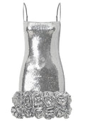 Floral Hem Sequin Dress Silver