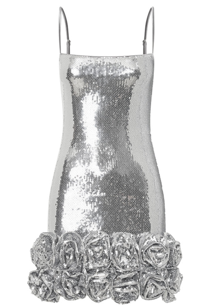 Floral Hem Sequin Dress Silver