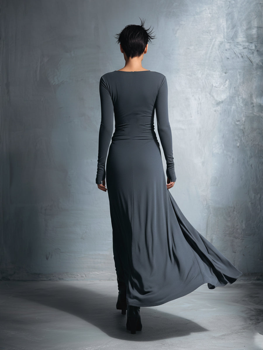Women's Gray Exquisite Stretch Polyester-Cotton Blend Wrap Dress - Knotted Maxi Dress