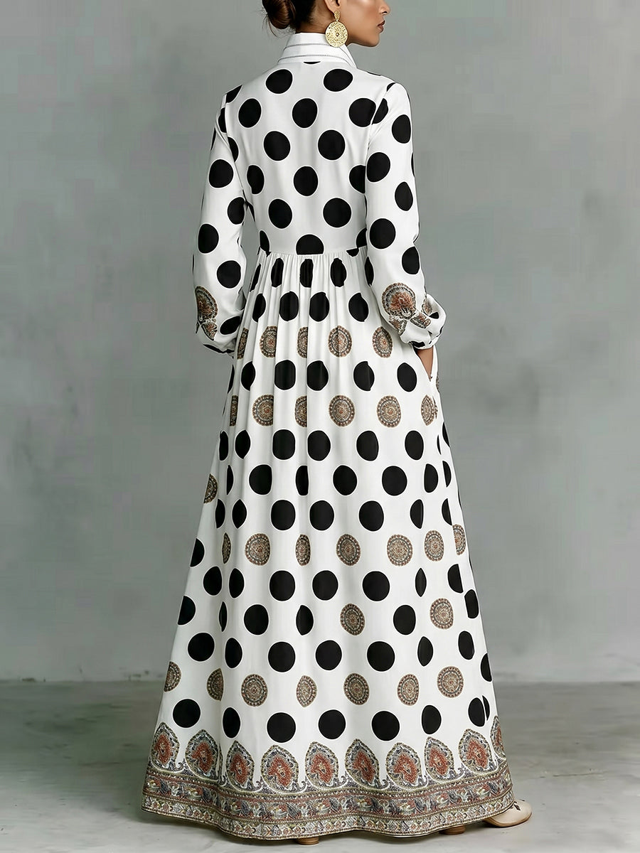 High Waisted Long Sleeves Big Hemline Buttoned Contrast Color Pleated Pockets Polka-Dot Stand Collar Maxi Dresses