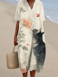 Floral & Cat Watercolor Pattern Women's V-neck Short Sleeve Linen Maxi Dress