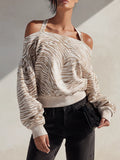 Women's Zebra Print Halter-Neck Off-Shoulder Long-Sleeve Cotton-Blend Top MDZ2452G6ZRK