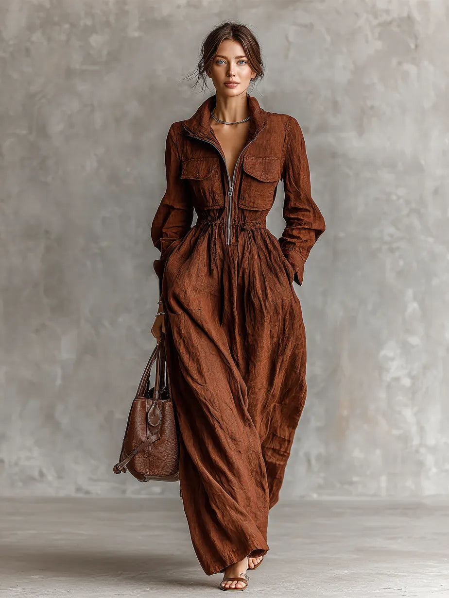 Women's Cotton And Linen Zipper Lapel Elastic Waist Maxi Dress MDA1964H8Y
