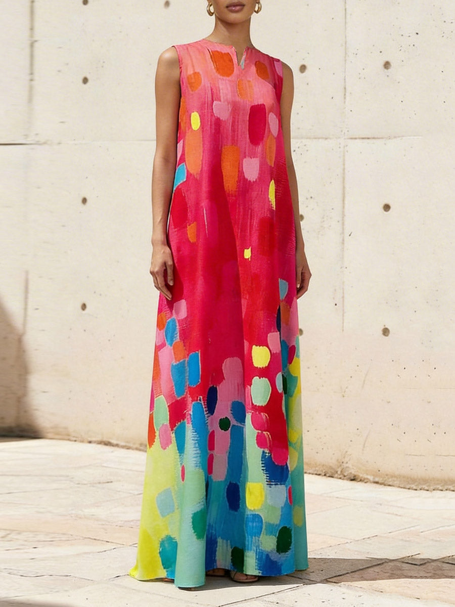 Loose Sleeveless Contrast Color Printed V-Neck Maxi Dresses