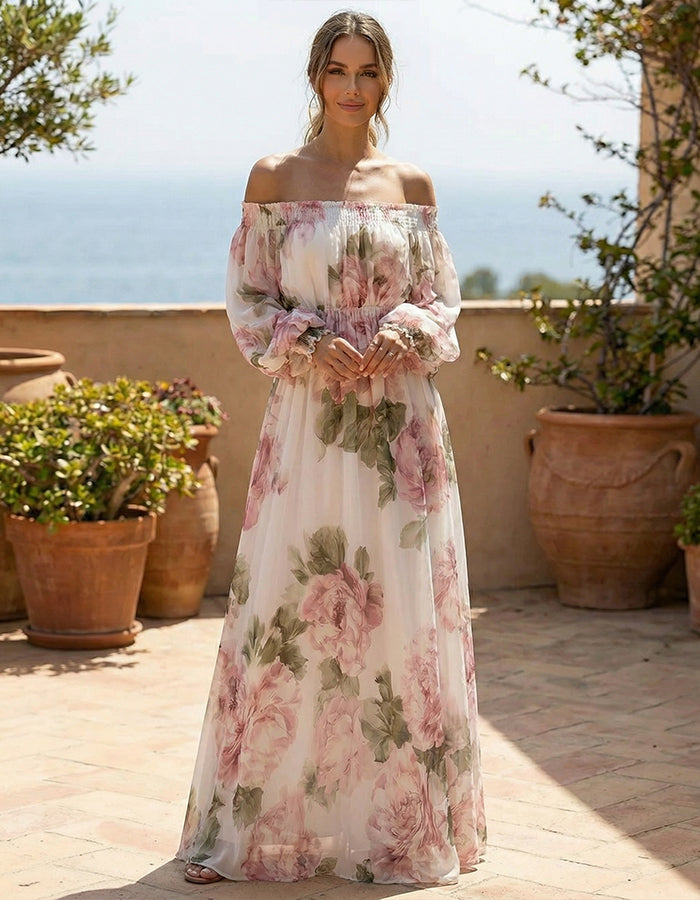 White Chiffon With Pink Rose Print Off Shoulder Design Maxi Dress