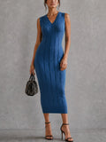 Blue V-Neck Sleeveless Knit Midi Dress