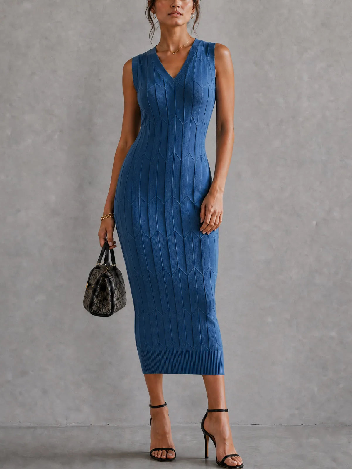 Blue V-Neck Sleeveless Knit Midi Dress