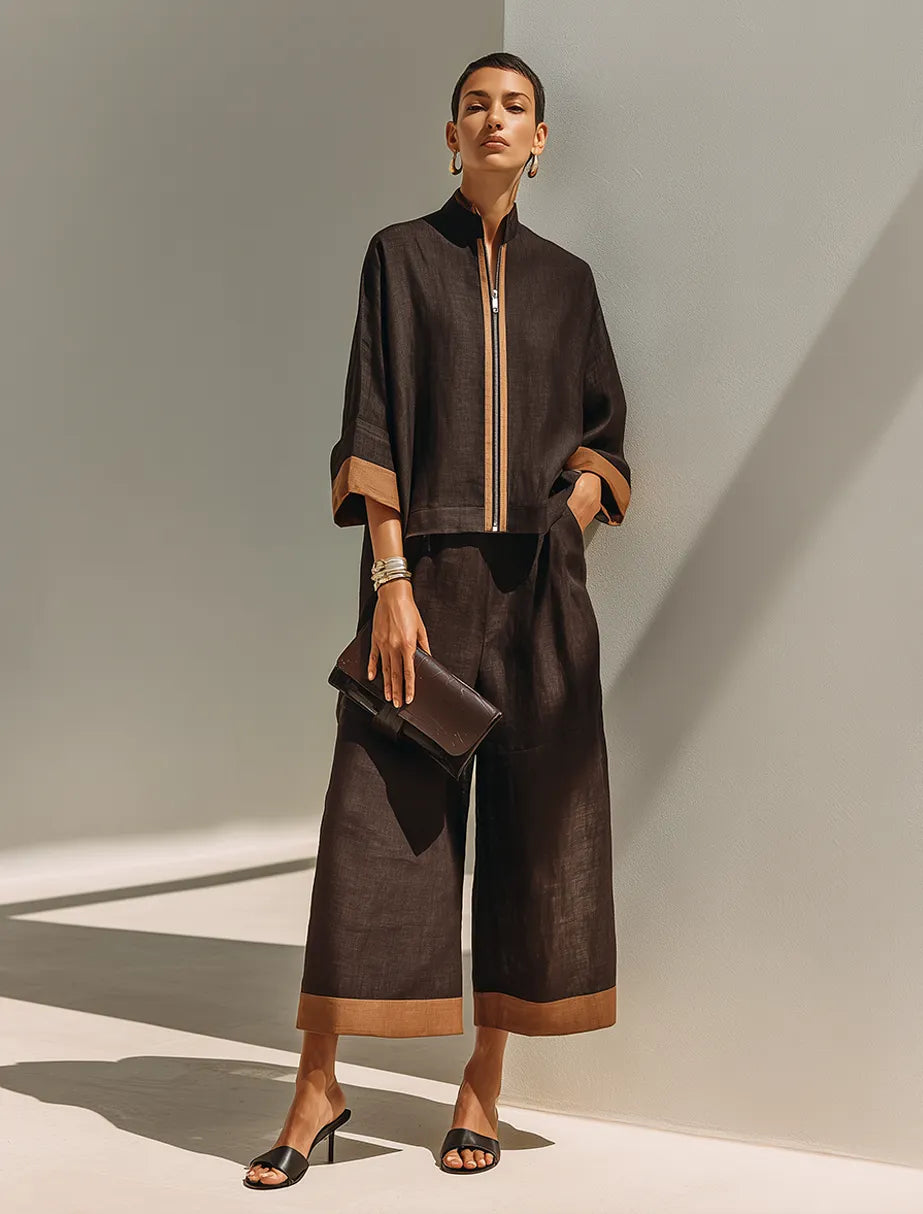 Women's Dark‑Brown Linen Fabric Stand‑Collared Zip‑Up Crop Top & Wide‑Leg Pants Set MDZ1459G3ZRK