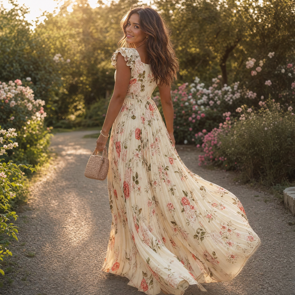 Florelle – Women's Square-Neck Floral Pleated Maxi Dress