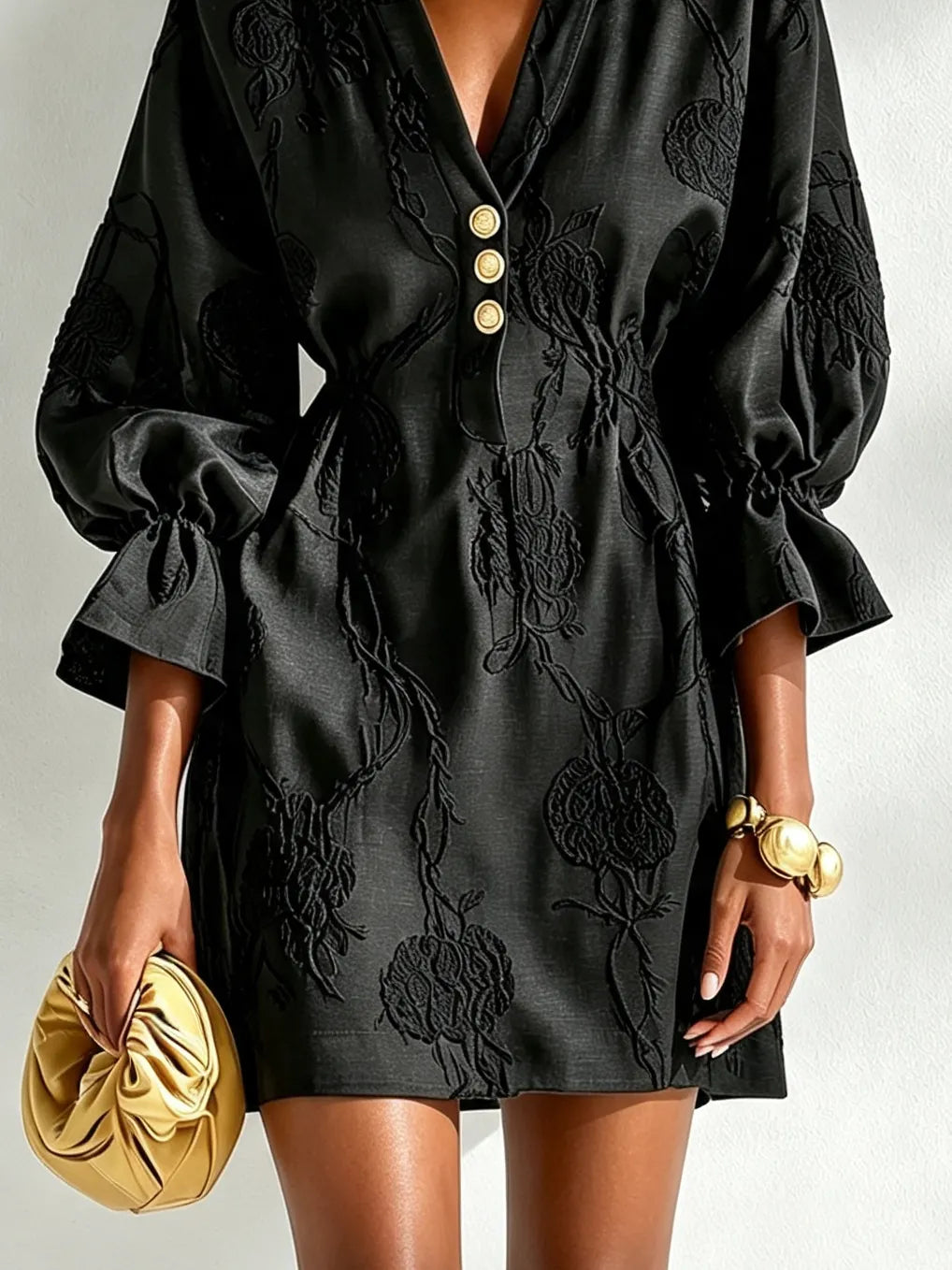 Black Embossed Floral Mini Dress V Neck Gold Button Lantern Sleeve Drawstring Waist Dress