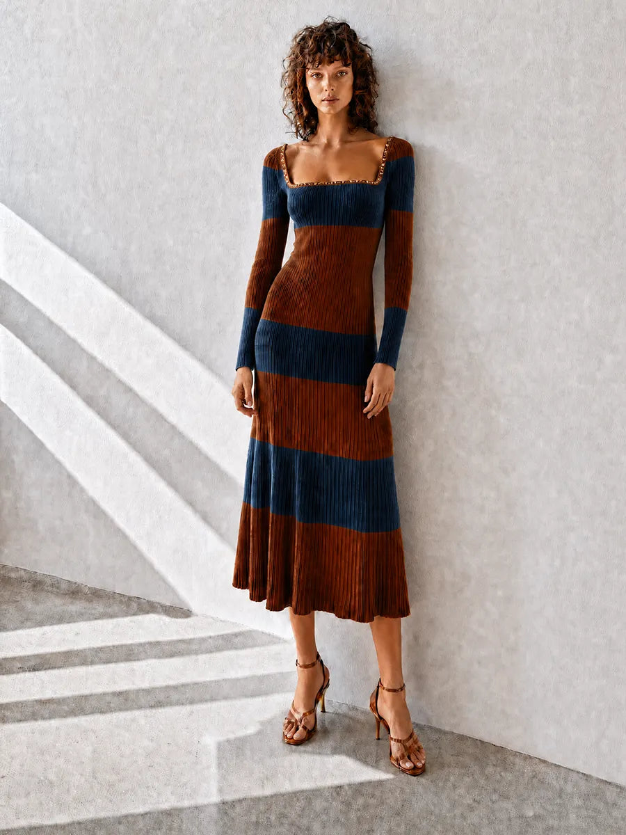 Women's Elegant Vintage Brown-and-Navy Striped Square-Neck Long-Sleeve Fitted Ribbed-Knit Midi Dress MDZ1344G4CMX