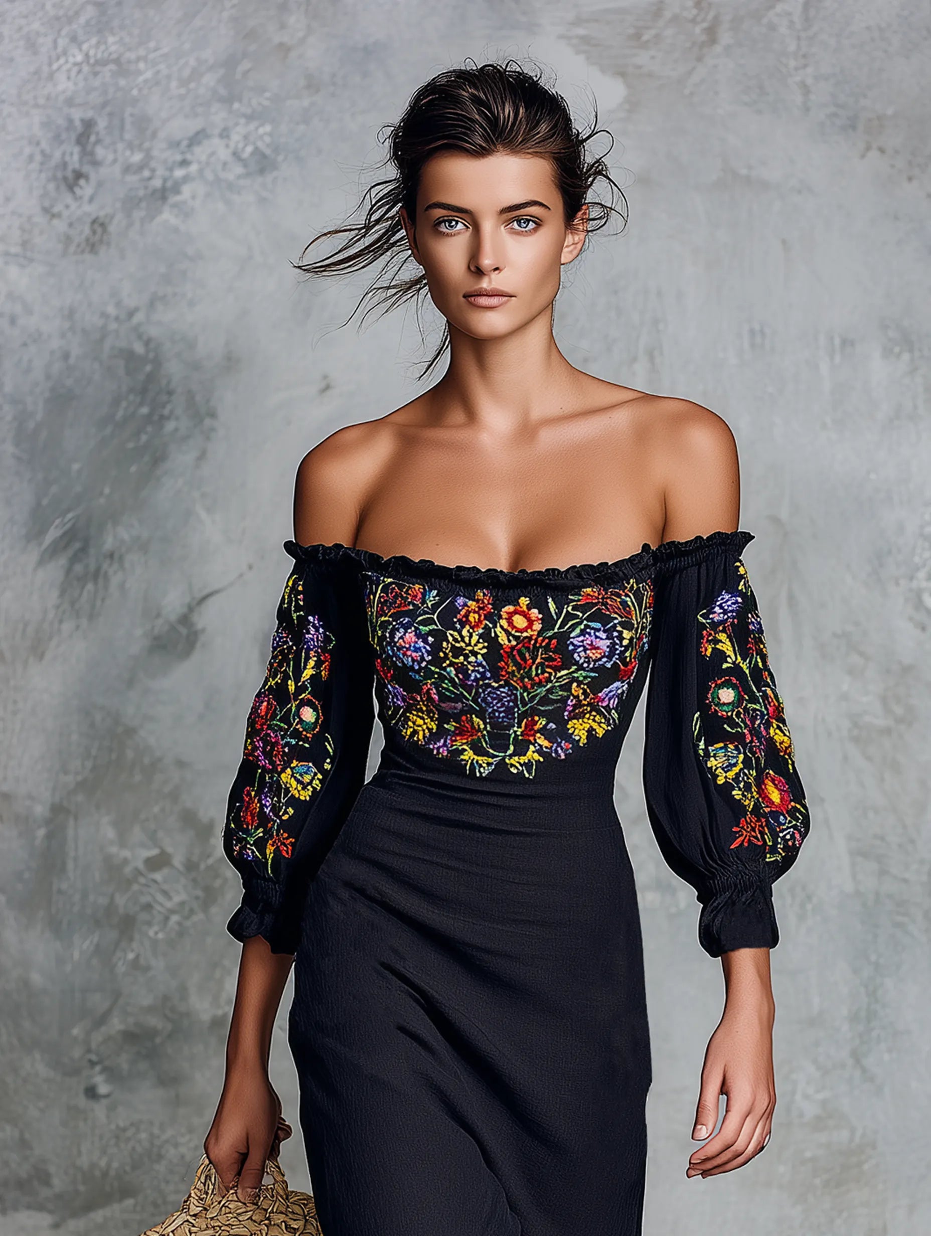 Women's Minimalist Strapless Embroidered Midi Dress With Three-Quarter Sleeves And Side-Slit Hem MDZ0847G6WY
