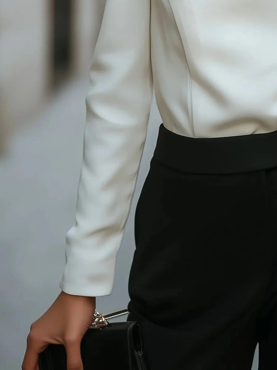 Business Casual White Wrap Neck Long Sleeve Button Elegant Blouses