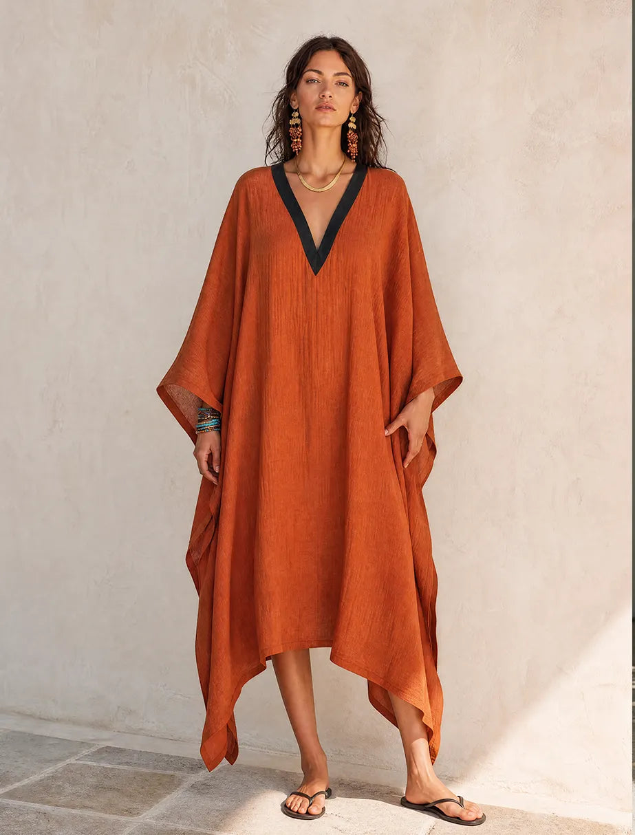 Women's Minimalist Solid Orange Linen V-Neck Midi Kaftan Dress MDZ0788G7ZRK