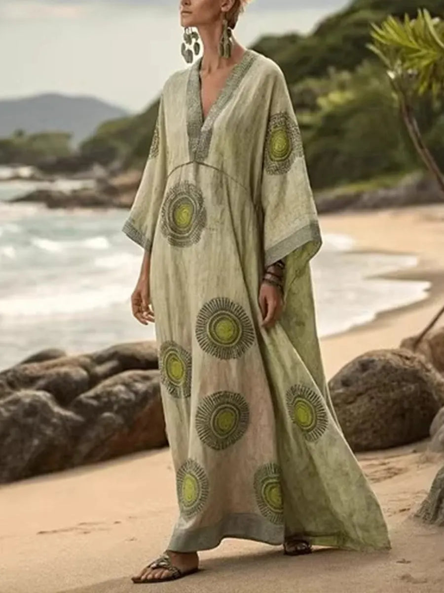 Bohemian Art-print Loose-fit Extra-long Linen And Cotton Dress