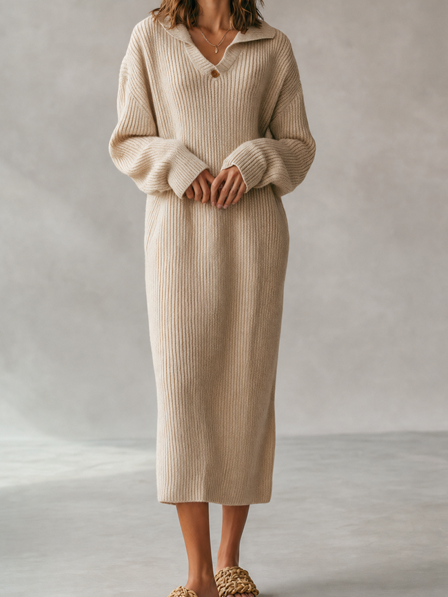 Women's Cozy Chic Oatmeal Beige Ribbed Knit Polo Collar Long Sleeve Midi Sweater DressMDZ2045G8ZSQ