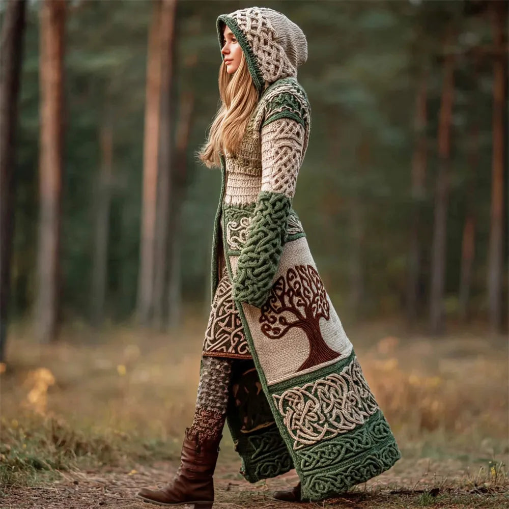 Celtic Tree Viking Art Women's Hooded Knit Long Cardigan