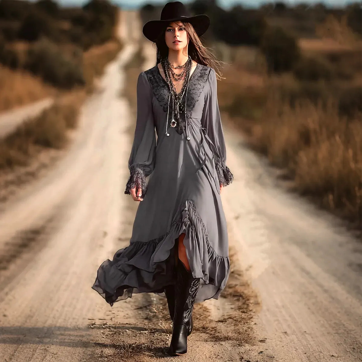 Women's Vintage Elegant Bohemian Gray Maxi Dress With Lace Details