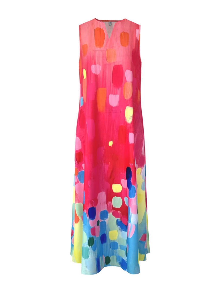 Loose Sleeveless Contrast Color Printed V-Neck Maxi Dresses