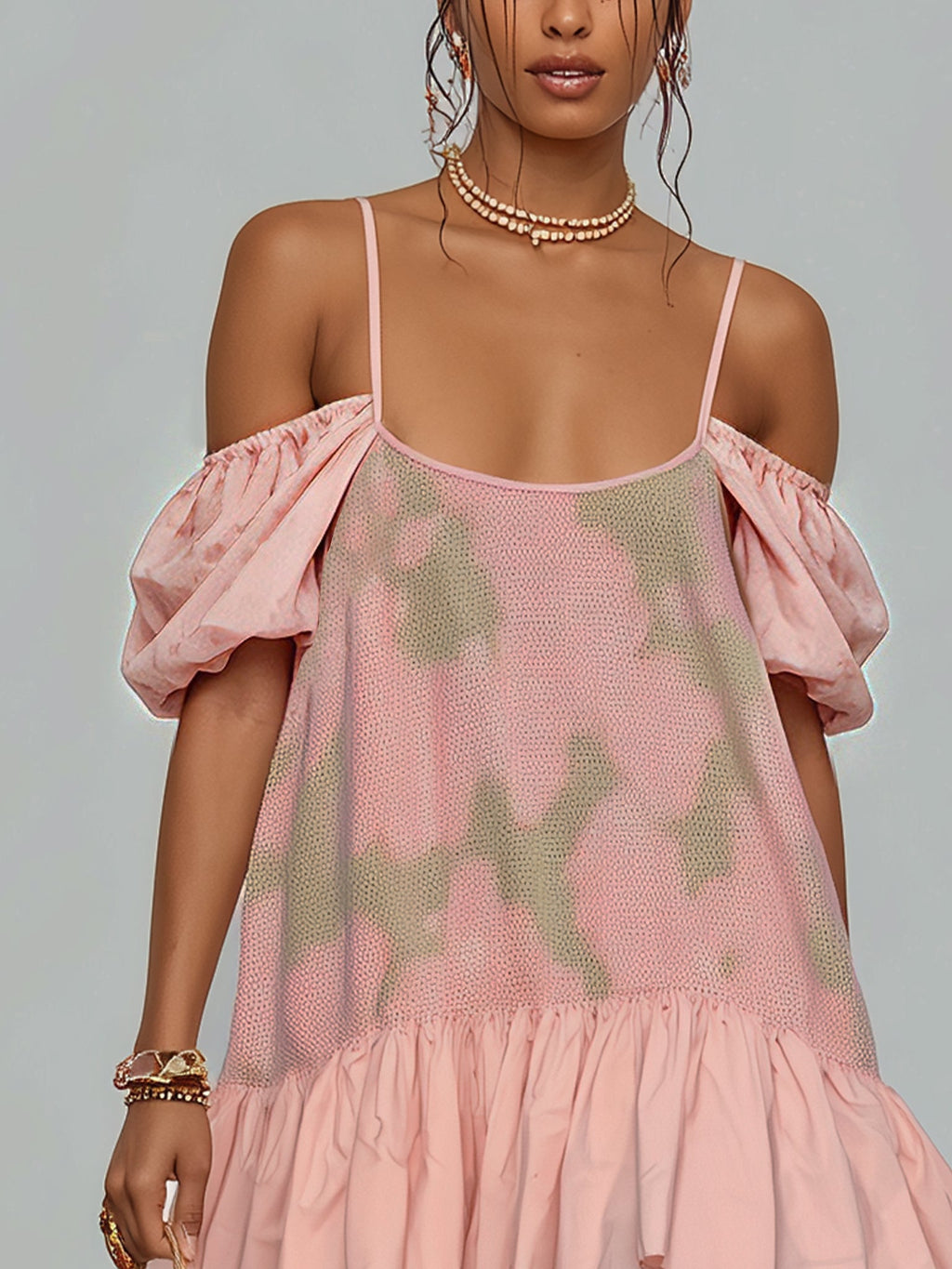 Pink Printed Mesh Mini Dress