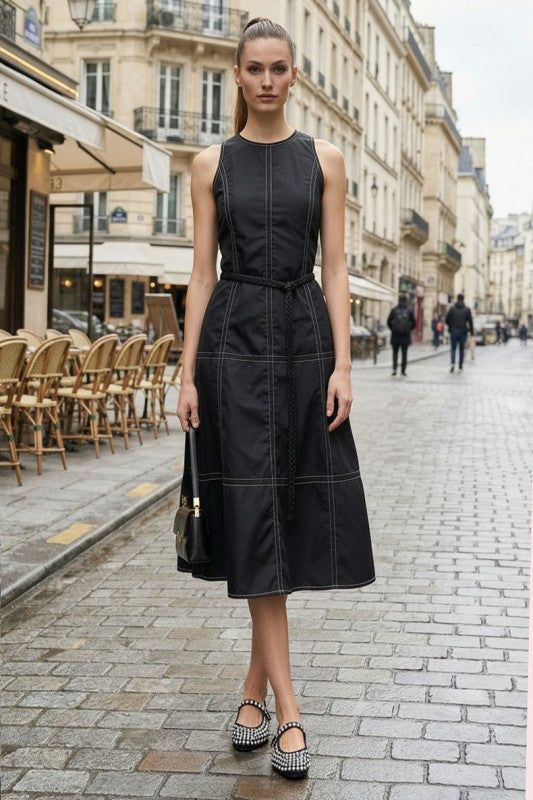 STITCH DETAIL MIDI DRESS W / BELT