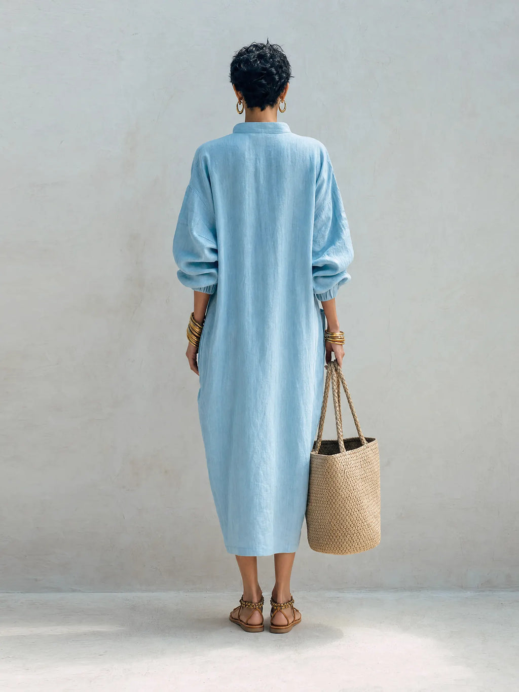 Women's Coastal Style Light Blue Linen Blend Stand Collar Half-Zip Long Sleeve Patch Pocket Oversized Maxi Dress MDZ1386G8ZSQ