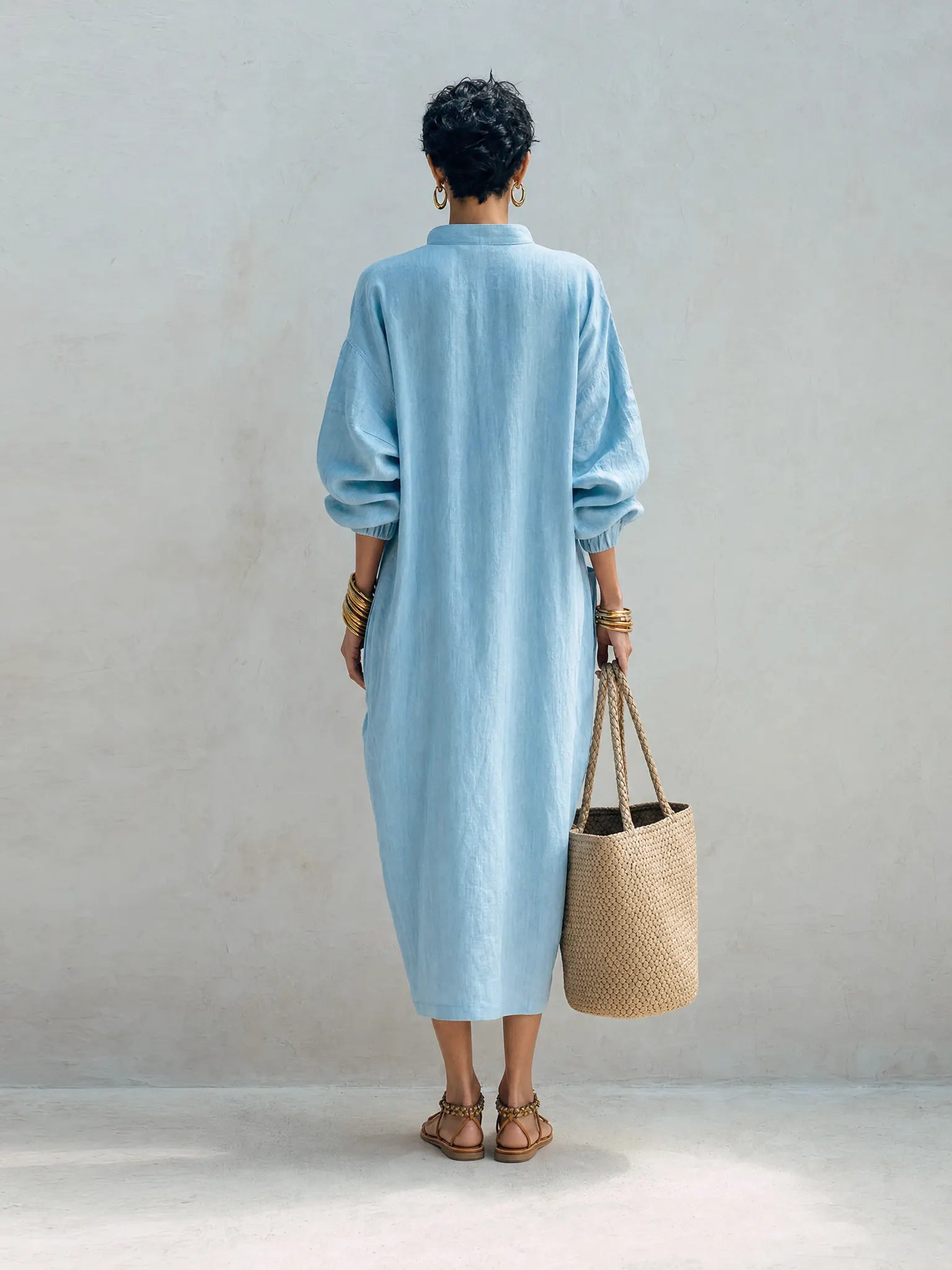 Women's Coastal Style Light Blue Linen Blend Stand Collar Half-Zip Long Sleeve Patch Pocket Oversized Maxi Dress MDZ1386G8ZSQ
