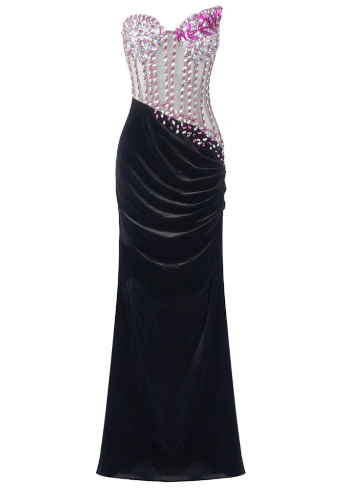 Strapless Crystal Corset Maxi Velvet Dress Hot Pink Black