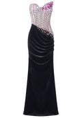 Strapless Crystal Corset Maxi Velvet Dress Hot Pink Black