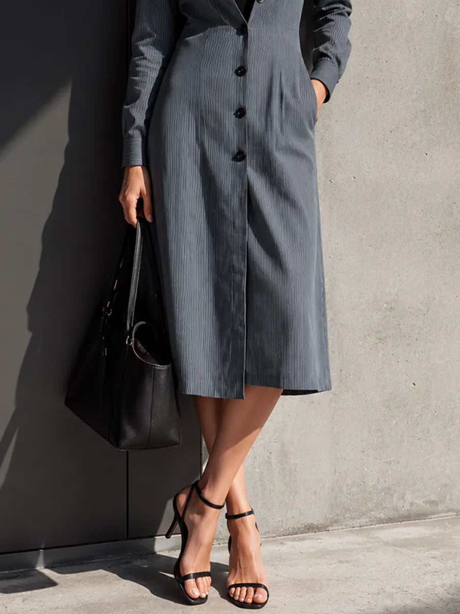 Women's Mature Commuter Grey Thin Stripe Cotton Blend Lapel Waist Slit Pocket Shirt Midi Dress MDZ0990G0GMJ