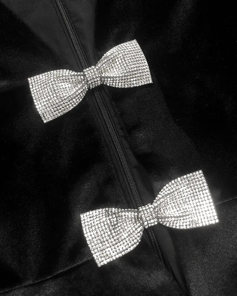Short Sleeve Crystal Bow Midi Two Piece Velvet Dress Black