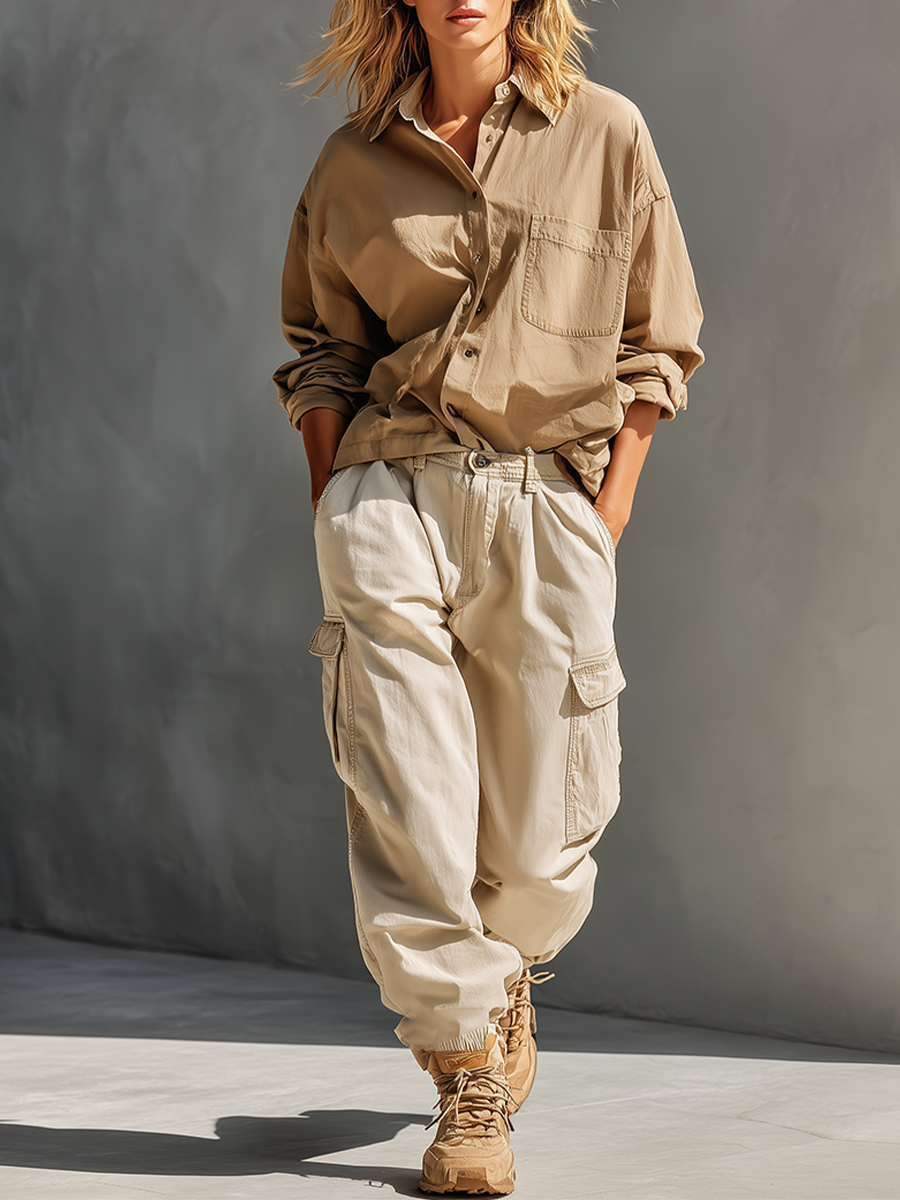 Women's Khaki & Cream Cotton Two-Piece Set With Oversized Chest Pocket Shirt & Multi-Pocket Cargo Jogger Pants, Streetwear Neutral Casual Matching Outfit MDZ0750G3LYL