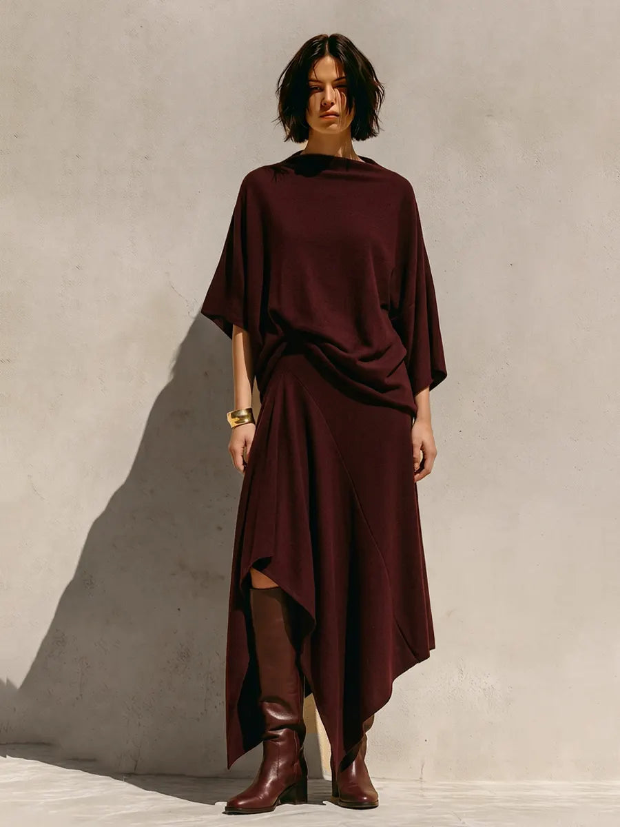 Women's Burgundy Soft Knit Two Piece Matching Set With Draped Cowl Batwing Sleeve Top & Asymmetrical Hem Midi Skirt, Minimalist Lagenlook Elegant Co-Ord Outfit MDZ2050G1LYL