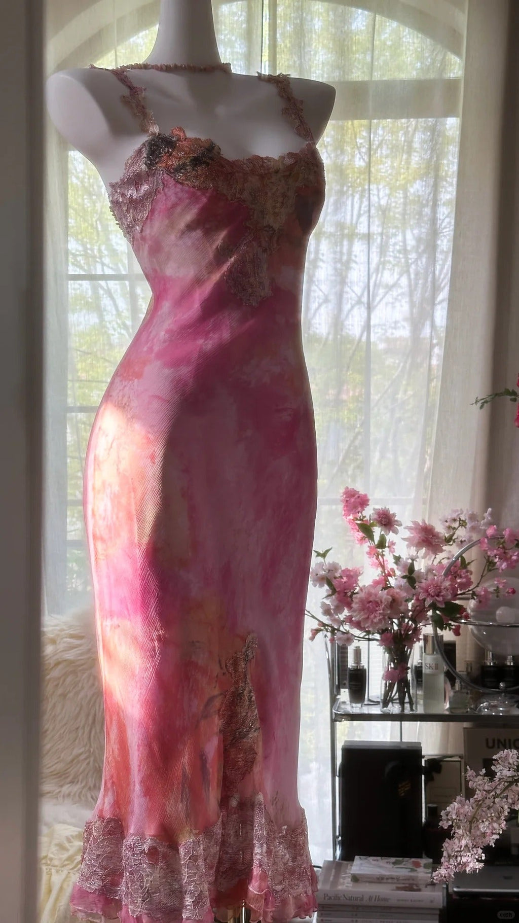 Pink gorgeous gradient exquisite beaded lace long chiffon fairy ball gown evening dress wedding party dress prom dress graduation date dress 3990