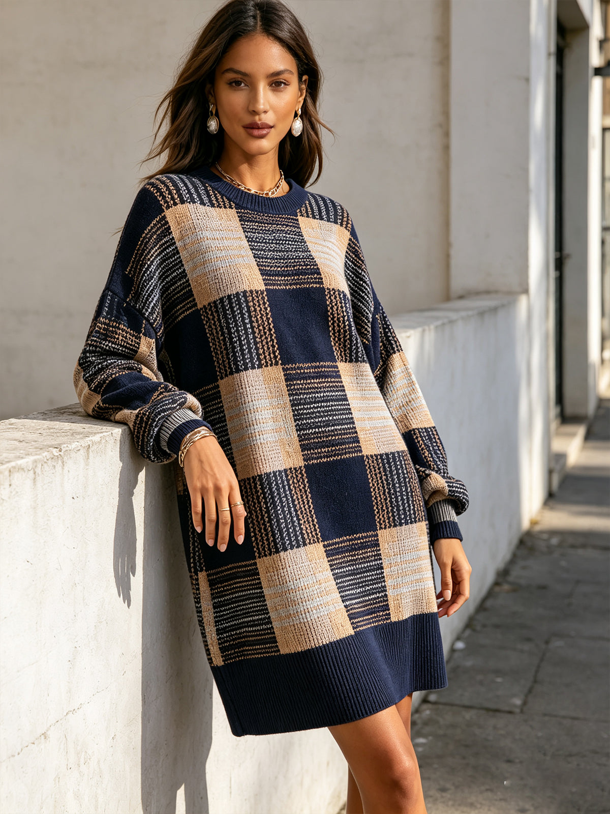 Plaid Oversized Sweater Dress Long Sleeve Crew Neck Knit Mini Dress