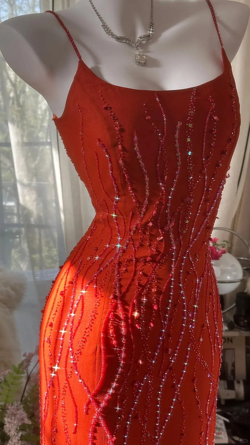 Orange Beautiful Charming Fashion Elegant Shiny Exquisite Beaded Long Chiffon Ball Gown Evening Gown Birthday Party Gown Prom Gown Graduation Gown 3947