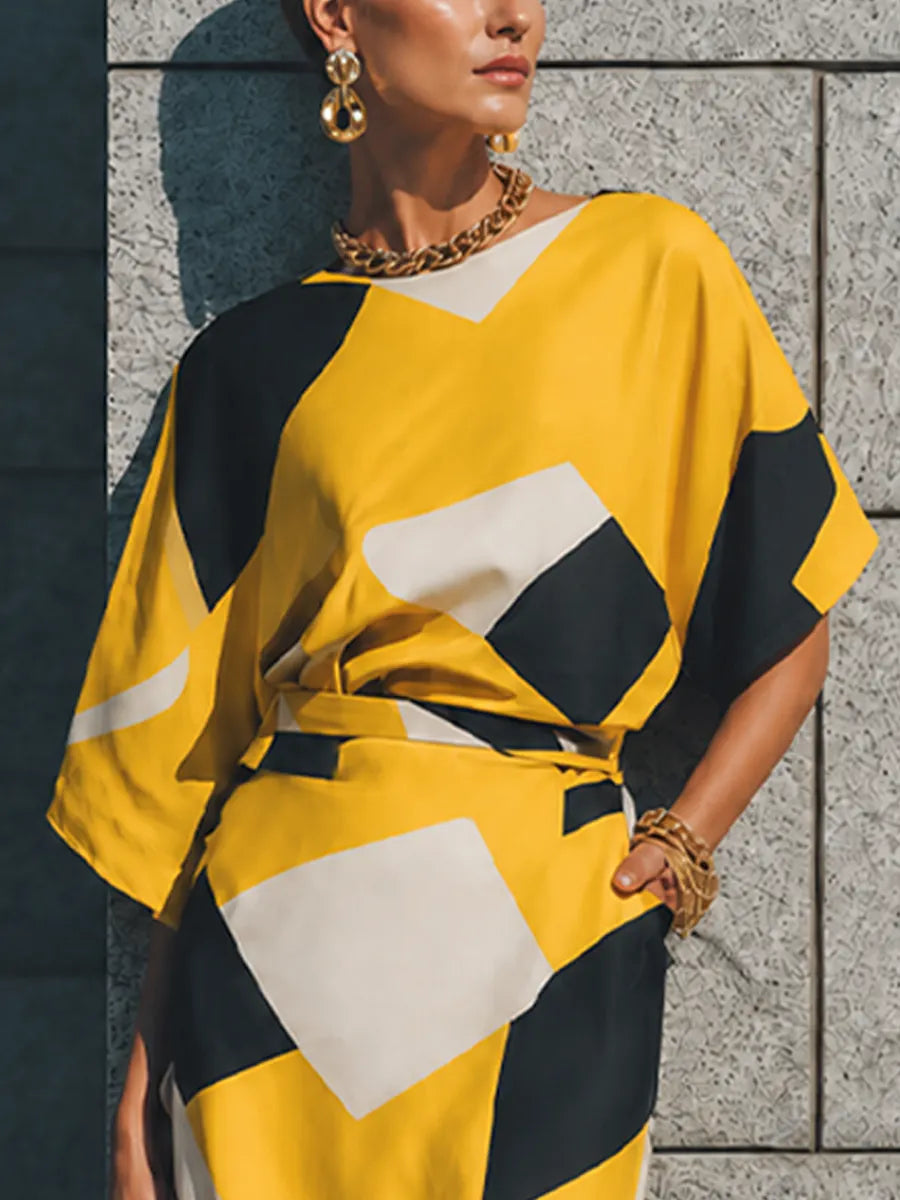 Women's Luxury Retro Yellow Black Geometric Print Cotton Blend Waist Tie Split Midi Skirt Two Piece Set MDZ0913G2GMJ