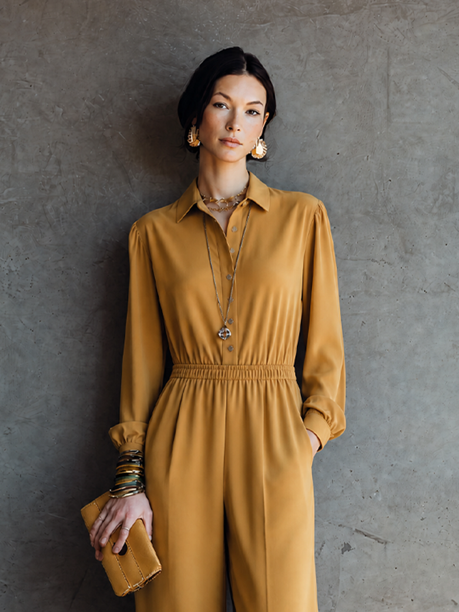 Women's Elegant Mustard Yellow Cotton Blend Button-Front Elastic Waist Wide-Leg Jumpsuit MDZ2276G9GMJ