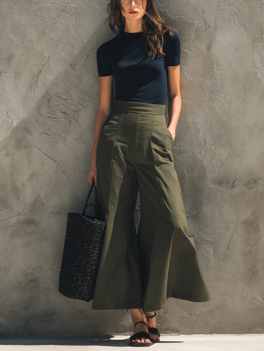 Women's Casual Navy Blue Stretch-knit Short-sleeve Top Paired With Army Green Woven Wide-leg Trousers MDZ1716G8LXY