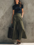 Women's Casual Navy Blue Stretch-knit Short-sleeve Top Paired With Army Green Woven Wide-leg Trousers MDZ1716G8LXY