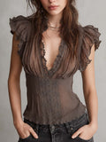 Mocha Brown Crinkled Chiffon Embroidered Corset-Style Blouse