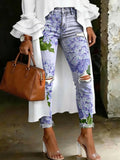 Women's Fashion Purple Hydrangea Art-print Casual High-waisted Ripped Skinny Jeans