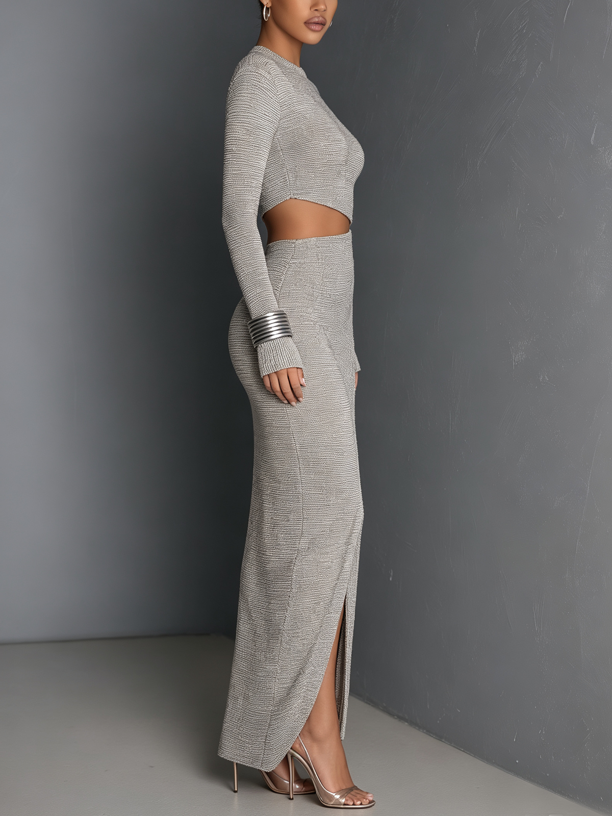 Gray Textured Cutout Long Sleeve Maxi Dress