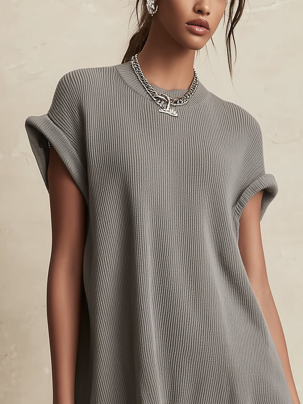 Gray Knit Mini Dress With White Ruffled Hem