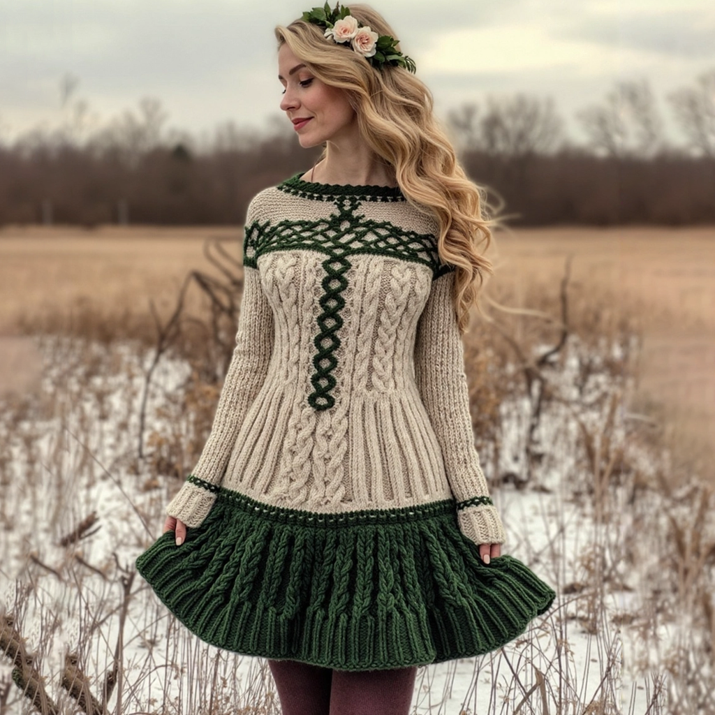 Women's Irish Celtic Knot Crew Neck Cozy Sweater Dress
