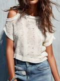 Boho Ivory Open-Knit Cold-Shoulder Pullover Top