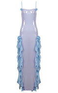 Flower Ruffle Detail Sequin Maxi Dress Silver Blue