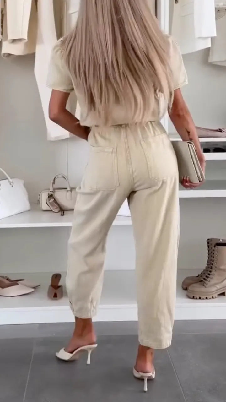 Women's Collared Denim Lace-Up Casual Jumpsuit