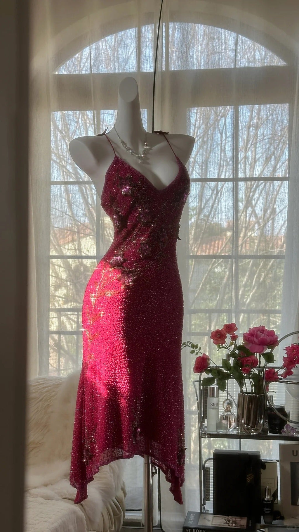 Pink Gorgeous Elegant Romantic Exquisite Beaded Sequin Midi/Short Chiffon Ball Gown Evening Dress Birthday/Wedding Guest Party Dress Prom Dress 4019
