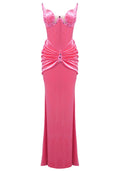 Strapless Crystal Bustier Draped Maxi Dress Pink